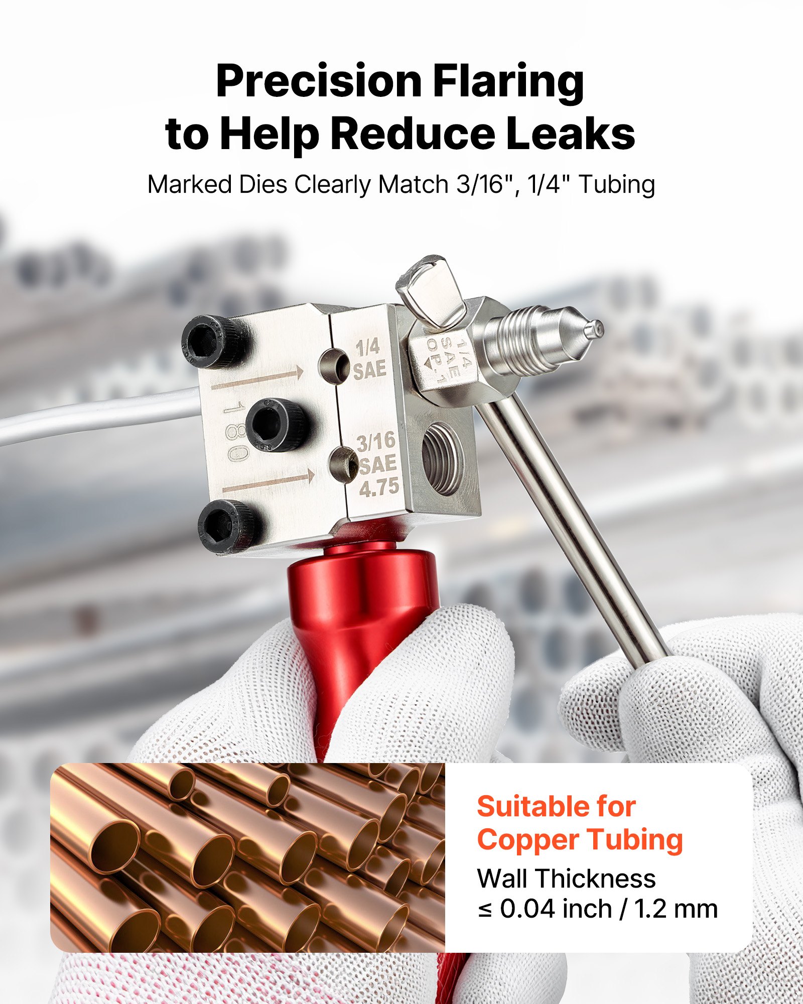 Zestaw narzędzi do rozszerzania przewodów hamulcowych VEVOR, 6 elementów, narzędzie do rozszerzania pod kątem 45° do rozszerzania pojedynczego i podwójnego, roztłaczarka do rur z 2 matrycami formującymi do średnicy zewnętrznej 4,75 mm i 6,35 mm, zestaw naprawczy przewodów hamulcowych do pojazdów