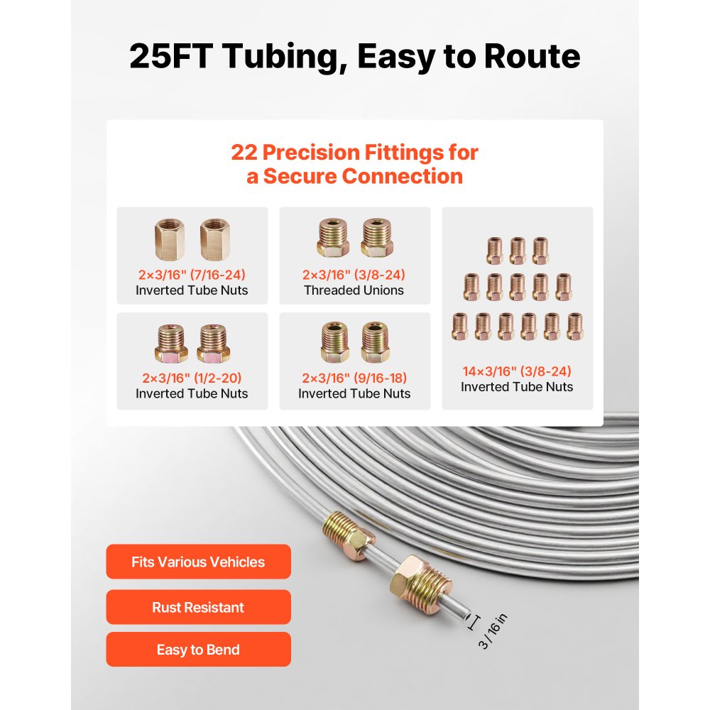 Zestaw narzędzi do rozszerzania przewodów hamulcowych VEVOR, 5 elementów, narzędzie do rozszerzania pod kątem 45° z przewodem hamulcowym o długości 7,6 m i długości 4,76 mm do pojedynczego rozszerzania, roztłaczarka do rur z 20 przyłączami, 2 złącza i giętarka do rur, zestaw naprawczy do samochodów