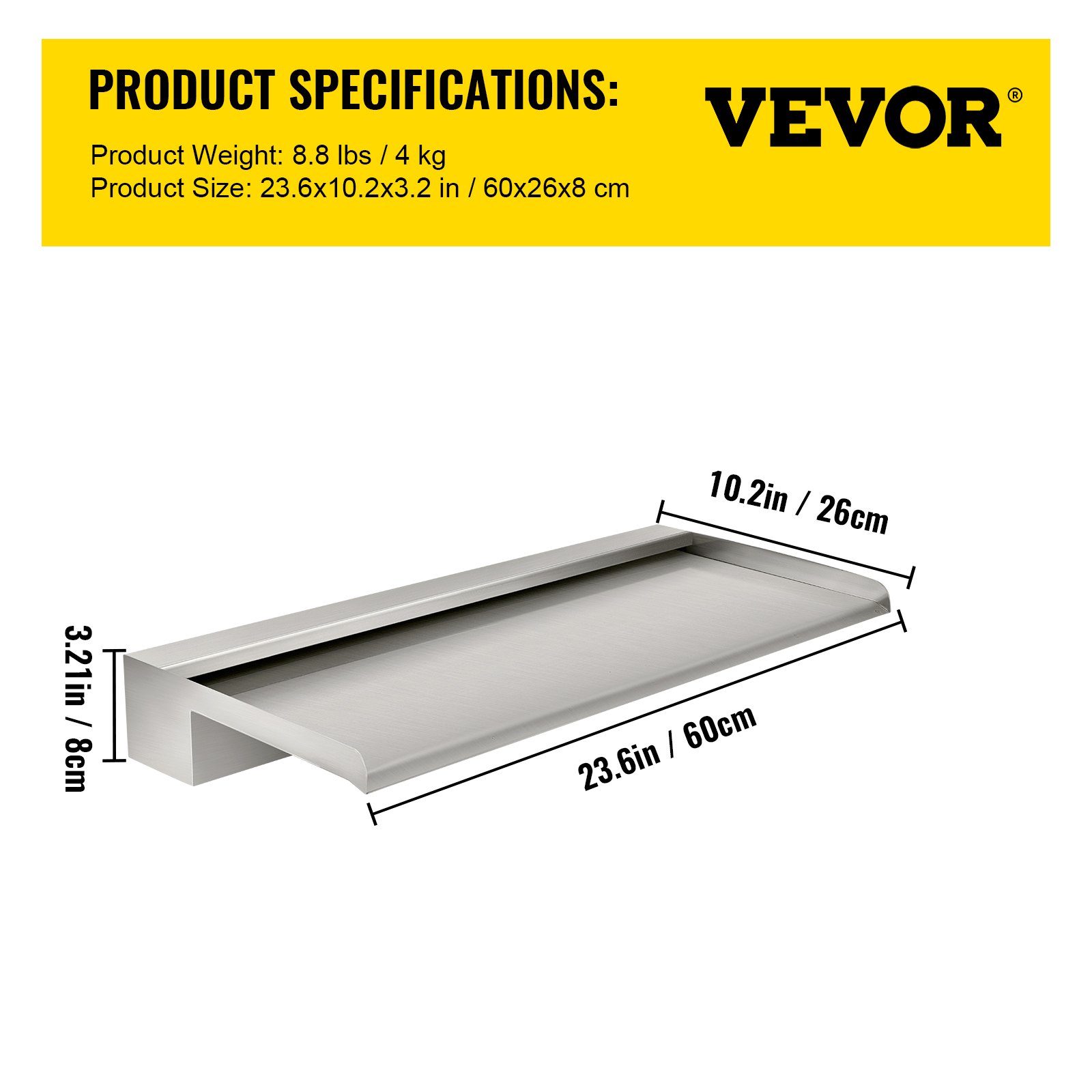 VEVOR Fontanna Wodospadu Ze Stali Nierdzewnej 60 X 33 X 8 cm, Prostokątna Fontanna Ogrodowa Z Wodospadem Zawiera Złącze, Wąż, Zacisk I Taśmę PTFE, Ostrze Wodospadu
