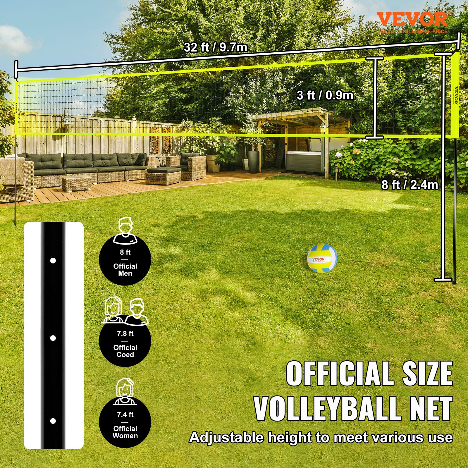 VEVOR Siatka do siatkówki z regulowaną wysokością, zestaw siatek do siatkówki, przenośna siatka do siatkówki plażowej, siatka do siatkówki na zewnątrz, składana siatka do siatkówki z piłką i torbą transportową, do ogrodu, plaży, trawnika itp.