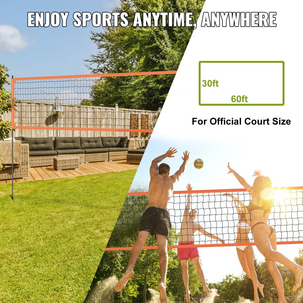 VEVOR Volleyball Net, Height-Adjustable Volleyball Net Set, 9.7 x 2.4 m, Portable Beach Volleyball Net, Orange Volleyball Net, Foldable Volleyball Net with Volleyball & Carrying Bag, for Garden, Beach