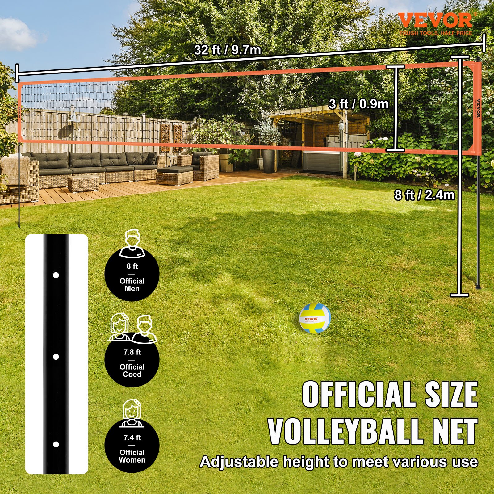 VEVOR Volleyball Net, Height-Adjustable Volleyball Net Set, 9.7 x 2.4 m, Portable Beach Volleyball Net, Orange Volleyball Net, Foldable Volleyball Net with Volleyball & Carrying Bag, for Garden, Beach