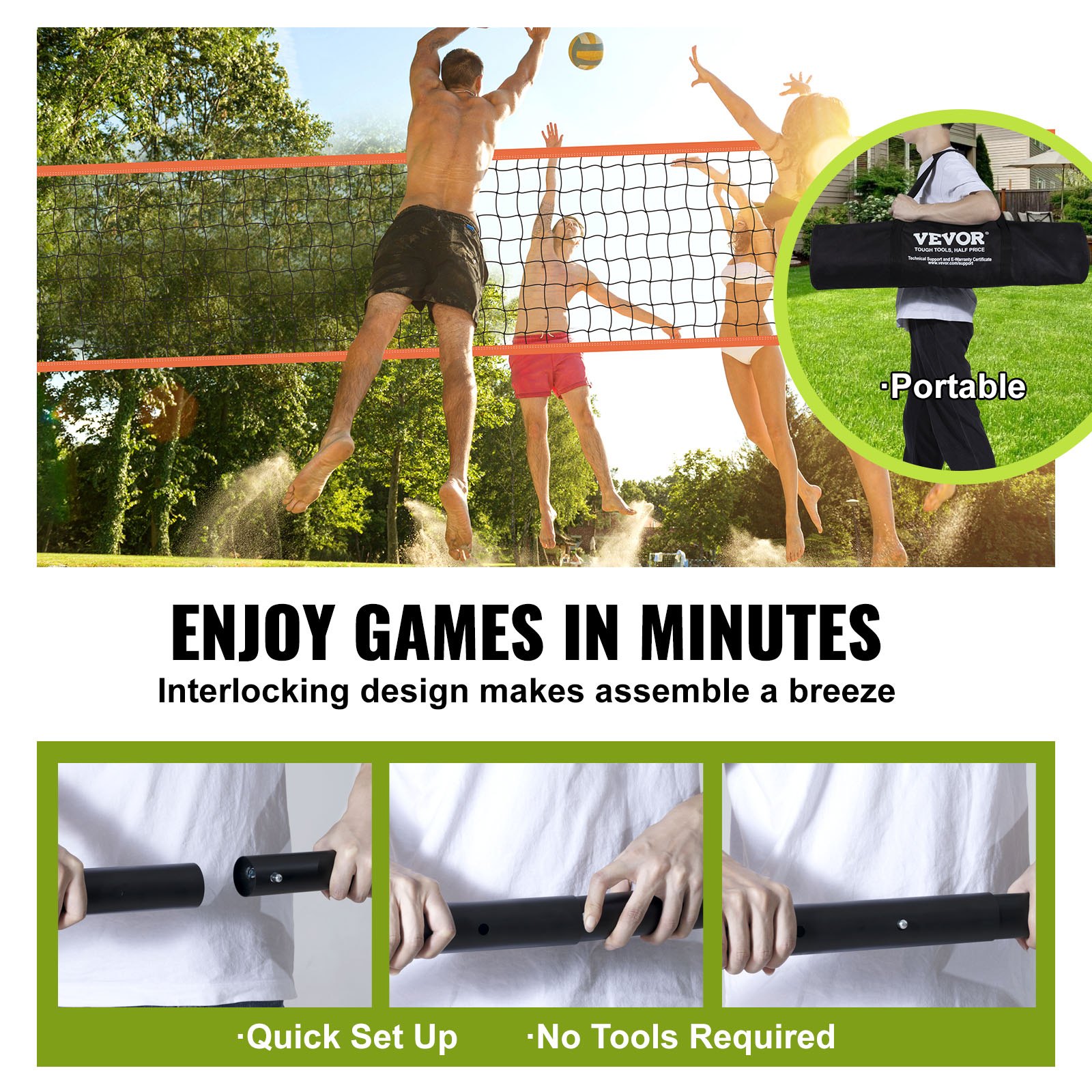 VEVOR Volleyball Net, Height-Adjustable Volleyball Net Set, 9.7 x 2.4 m, Portable Beach Volleyball Net, Orange Volleyball Net, Foldable Volleyball Net with Volleyball & Carrying Bag, for Garden, Beach