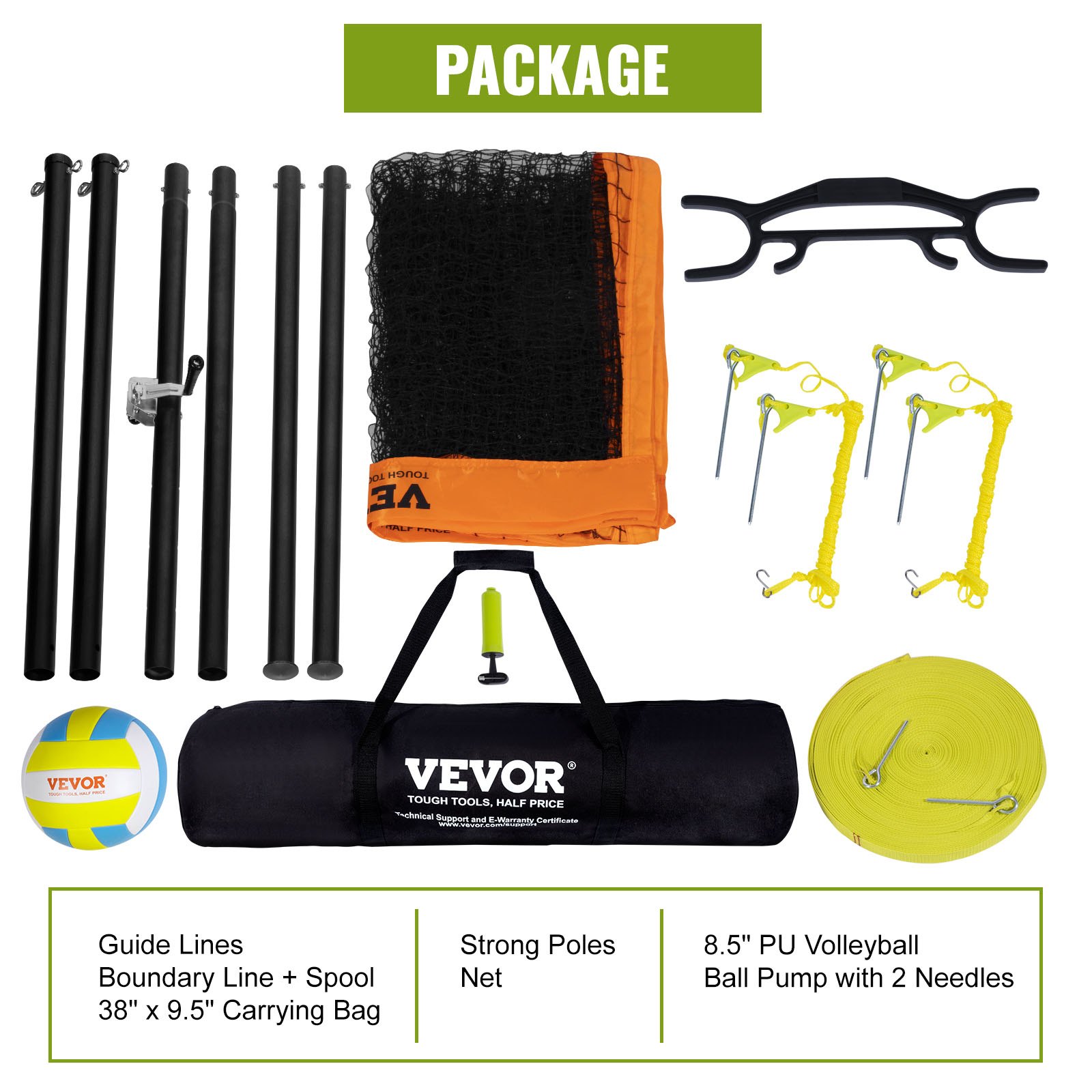 VEVOR Volleyball Net, Height-Adjustable Volleyball Net Set, 9.7 x 2.4 m, Portable Beach Volleyball Net, Orange Volleyball Net, Foldable Volleyball Net with Volleyball & Carrying Bag, for Garden, Beach