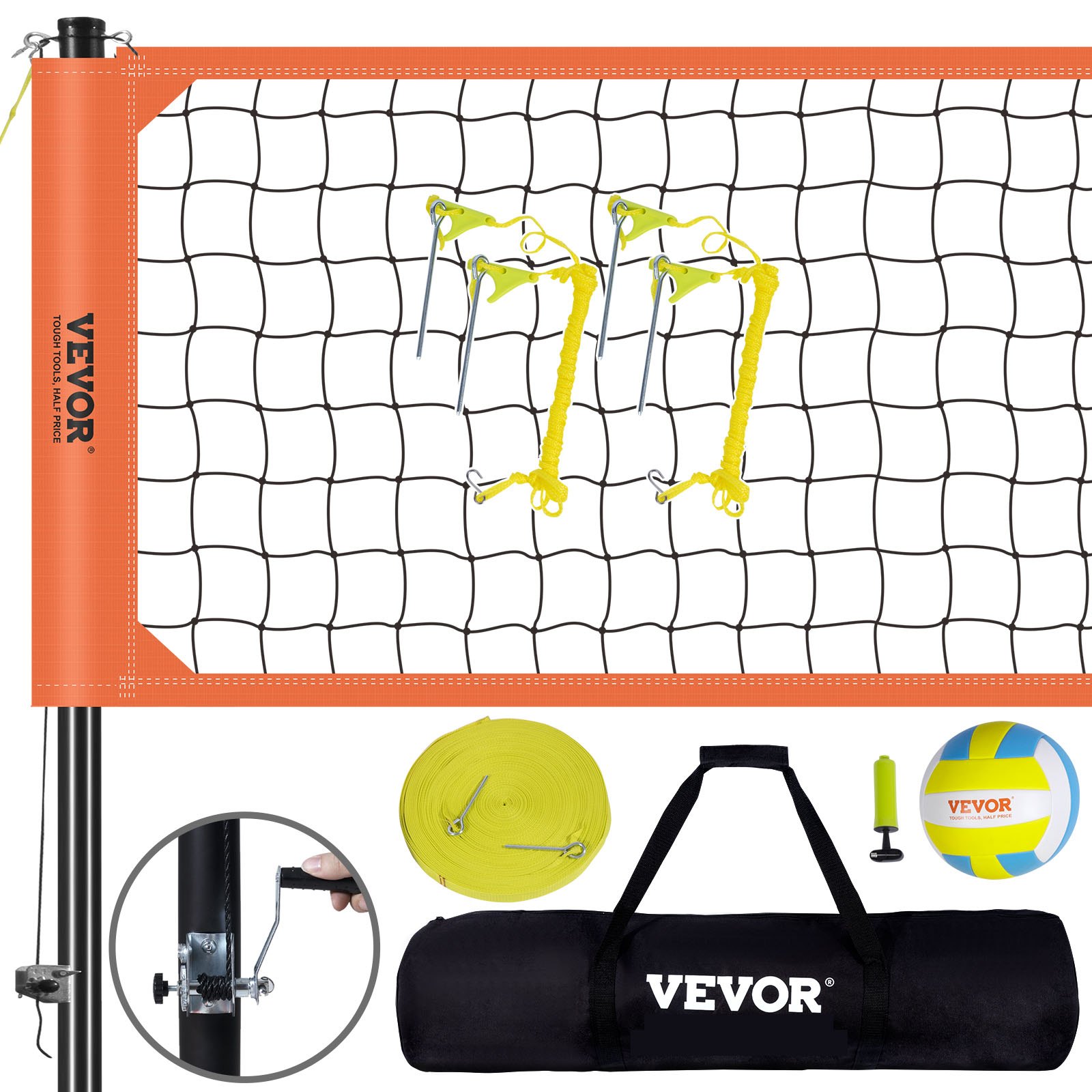 VEVOR Volleyball Net, Height-Adjustable Volleyball Net Set, 9.7 x 2.4 m, Portable Beach Volleyball Net, Orange Volleyball Net, Foldable Volleyball Net with Volleyball & Carrying Bag, for Garden, Beach