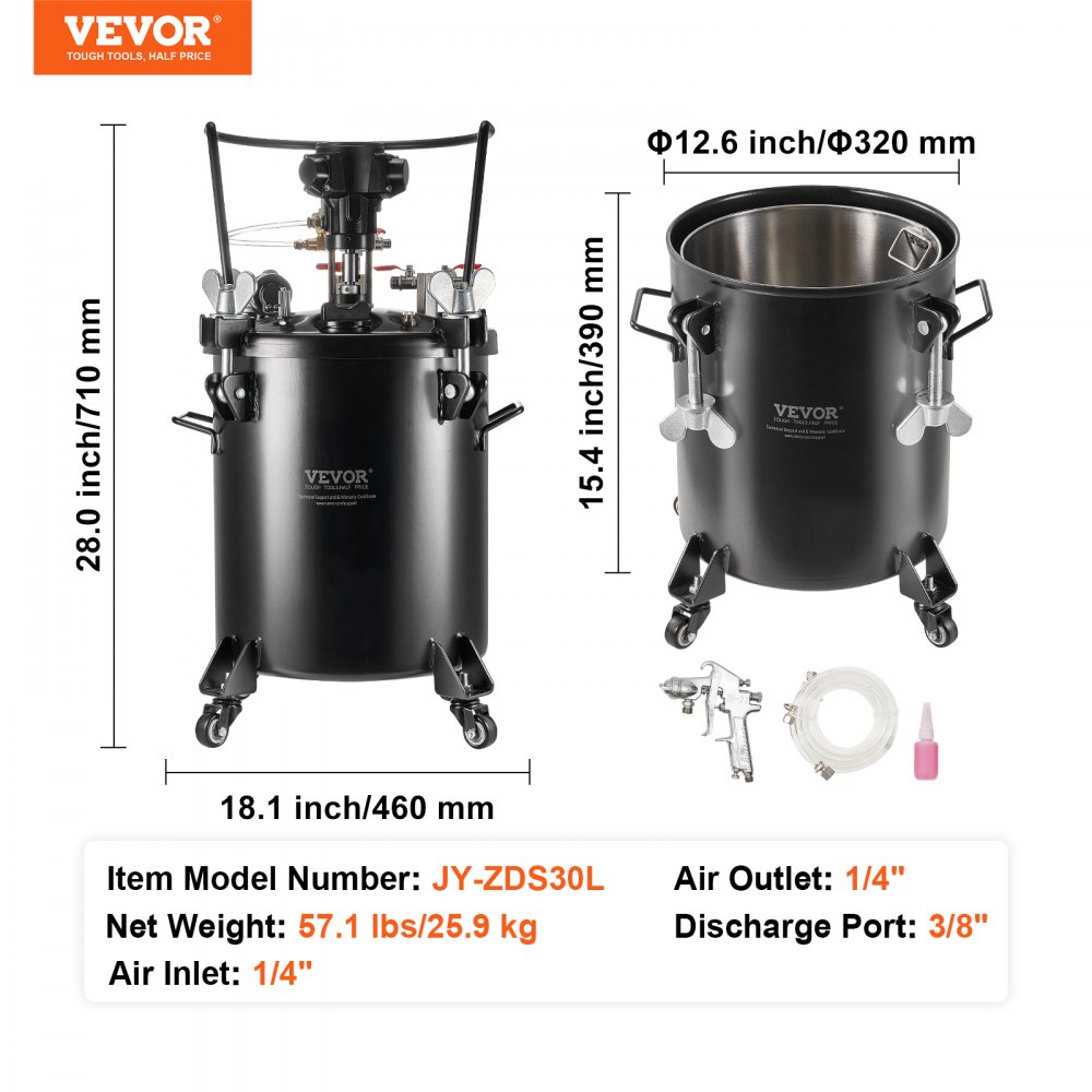 Zbiornik ciśnieniowy VEVOR do farby w sprayu, 30 l, w pełni automatyczny zbiornik ciśnieniowy z funkcją mieszania, ciśnienie regulowane 70 psi, pojemnik na farbę w zbiorniku ciśnieniowym z pistoletem natryskowym i wężami, do malowania