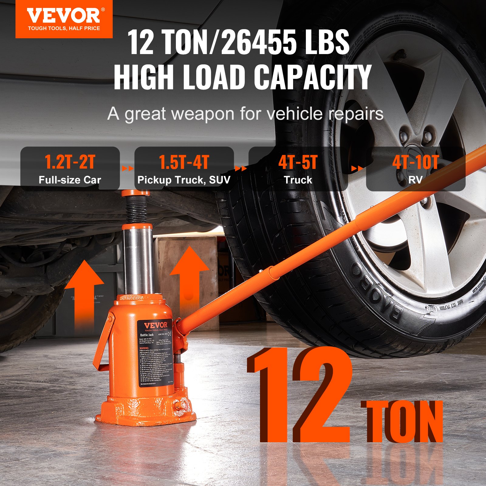 VEVOR 12t Bottle Jack, Hydraulic Jack for Cars and SUVs, 190-355mm, Compact Jack, Support Jack, Portable Hydraulic Cylinder, Orange Hydraulic Jack