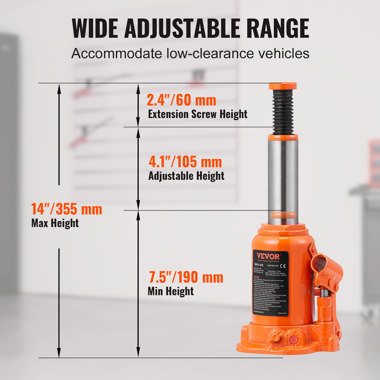 VEVOR 12t Bottle Jack, Hydraulic Jack for Cars and SUVs, 190-355mm, Compact Jack, Support Jack, Portable Hydraulic Cylinder, Orange Hydraulic Jack