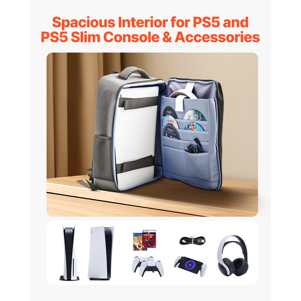 Plecak VEVOR PS5, podwójna torba podróżna na ramię do PlayStation 5 i PS5 Slim, wodoodporny nylon, miękka wyściółka i wyściełane przegrody dla dodatkowej ochrony, 450 x 100 x 360 mm