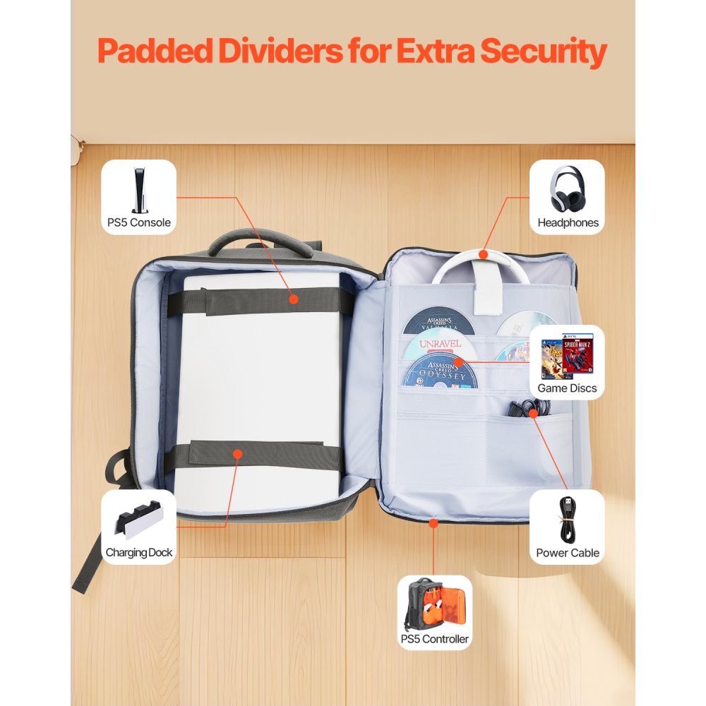 Plecak VEVOR PS5, podwójna torba podróżna na ramię do PlayStation 5 i PS5 Slim, wodoodporny nylon, miękka wyściółka i wyściełane przegrody dla dodatkowej ochrony, 450 x 100 x 360 mm