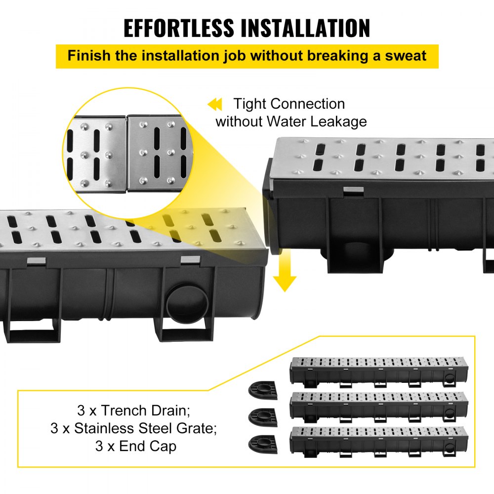 VEVOR drainage channel set, 3-pack, terrace channel, stainless steel trench drainage system 15 x 13 x 100 cm, with 3 end caps, plug-in connection, for garden drainage, driveway, pool, walkway