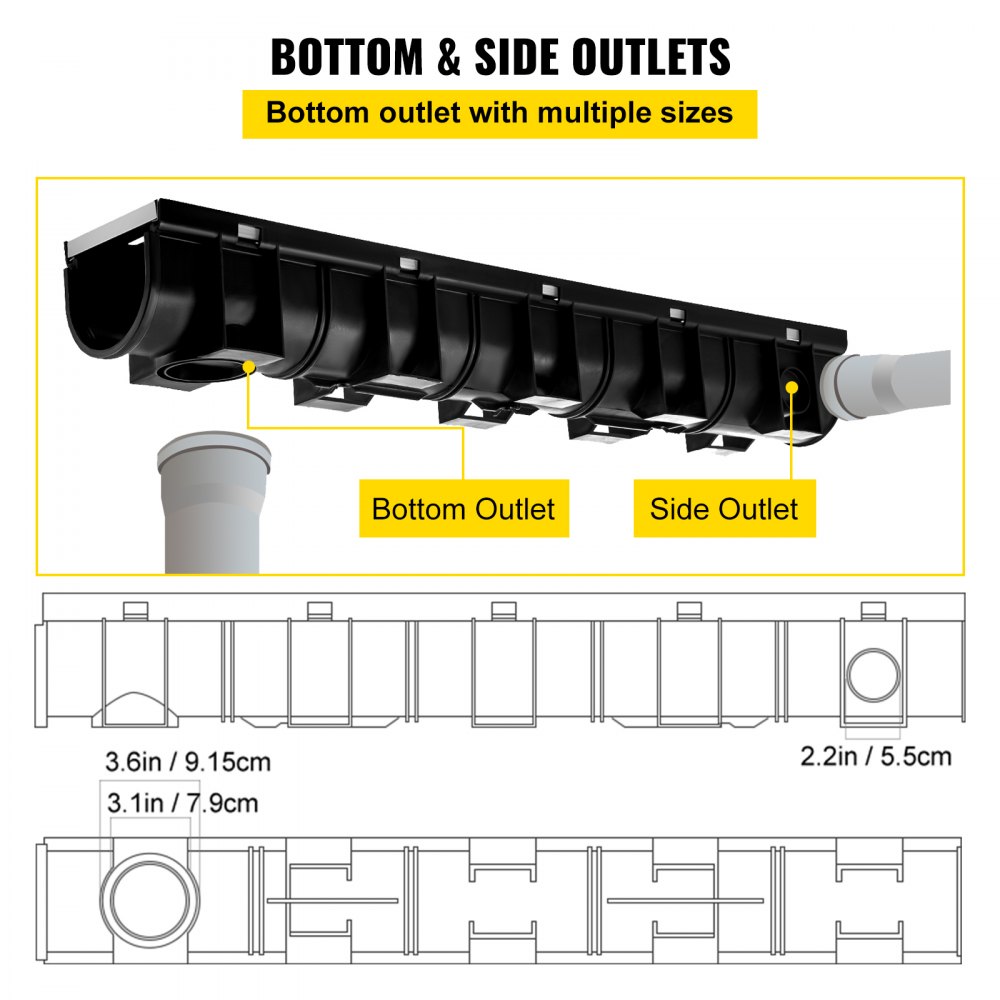VEVOR drainage channel set, 3-pack, terrace channel, stainless steel trench drainage system 15 x 13 x 100 cm, with 3 end caps, plug-in connection, for garden drainage, driveway, pool, walkway