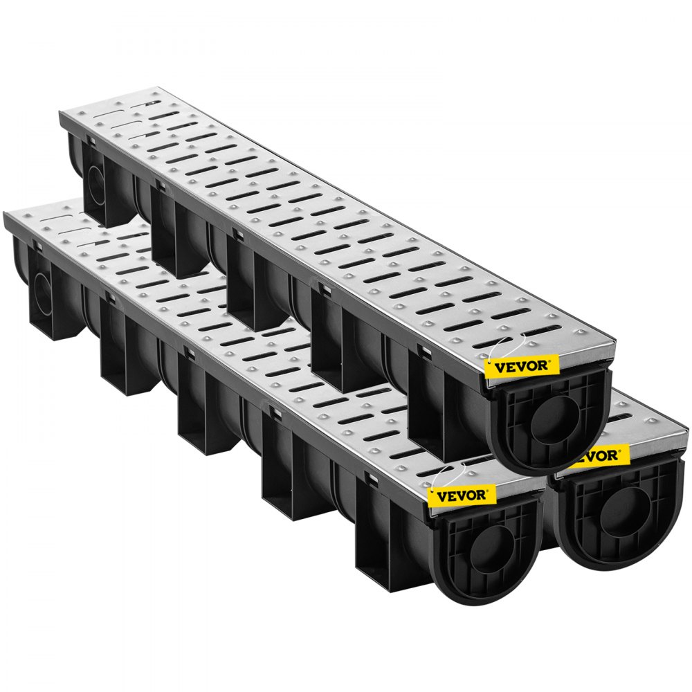 VEVOR drainage channel set, 3-pack, terrace channel, stainless steel trench drainage system 15 x 13 x 100 cm, with 3 end caps, plug-in connection, for garden drainage, driveway, pool, walkway