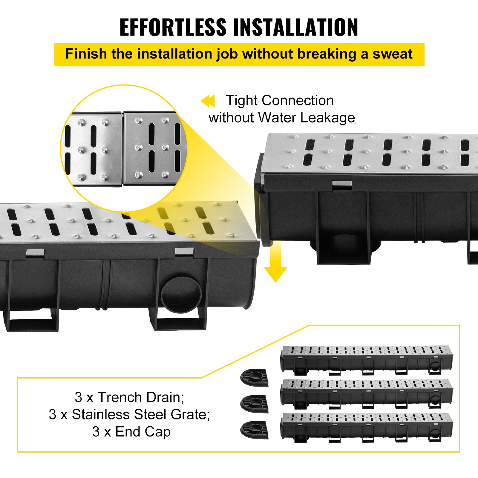 VEVOR drainage channel set, 3-pack, terrace channel, stainless steel trench drainage system 15 x 13 x 100 cm, with 3 end caps, plug-in connection, for garden drainage, driveway, pool, walkway