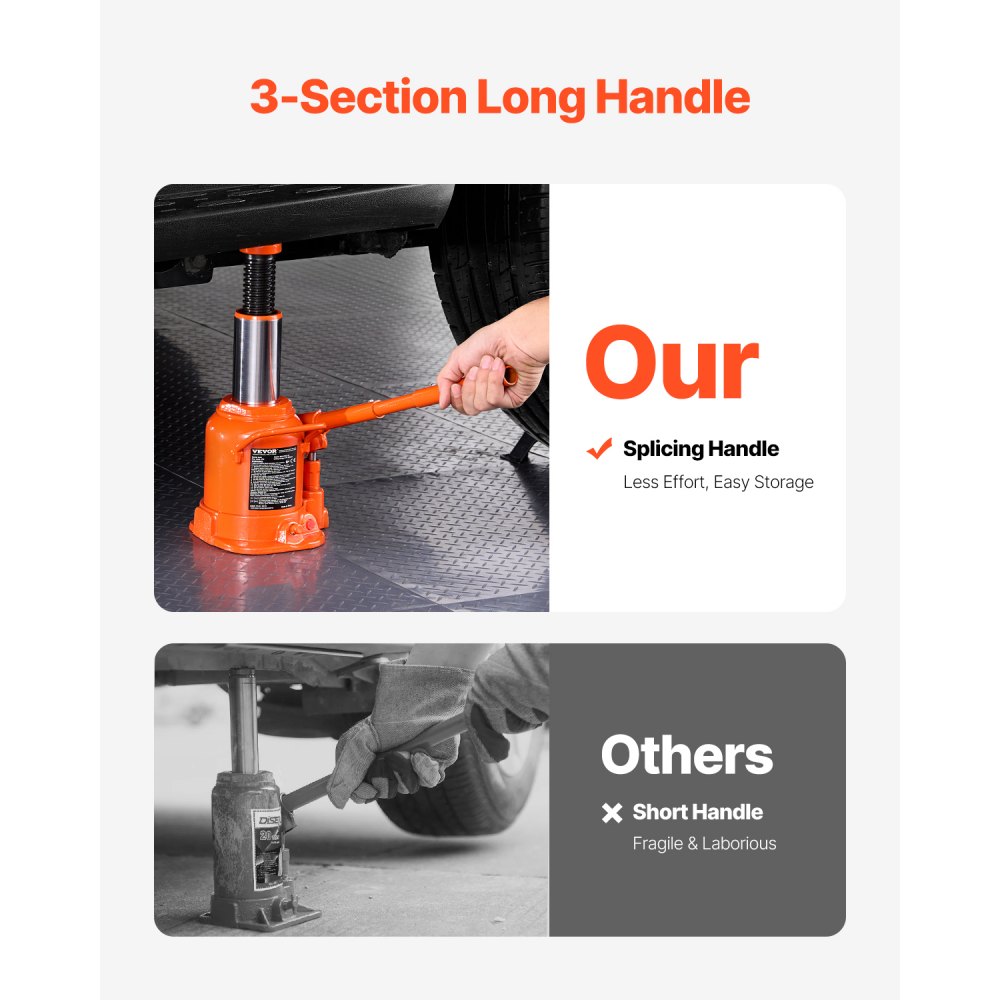 Podnośnik hydrauliczny VEVOR 20 ton z podnośnikiem butelkowym o zakresie podnoszenia 17-32 cm i 3-częściową długą rączką, do samochodów osobowych, dostawczych, kamperów, sprzętu do naprawy samochodów przemysłowych