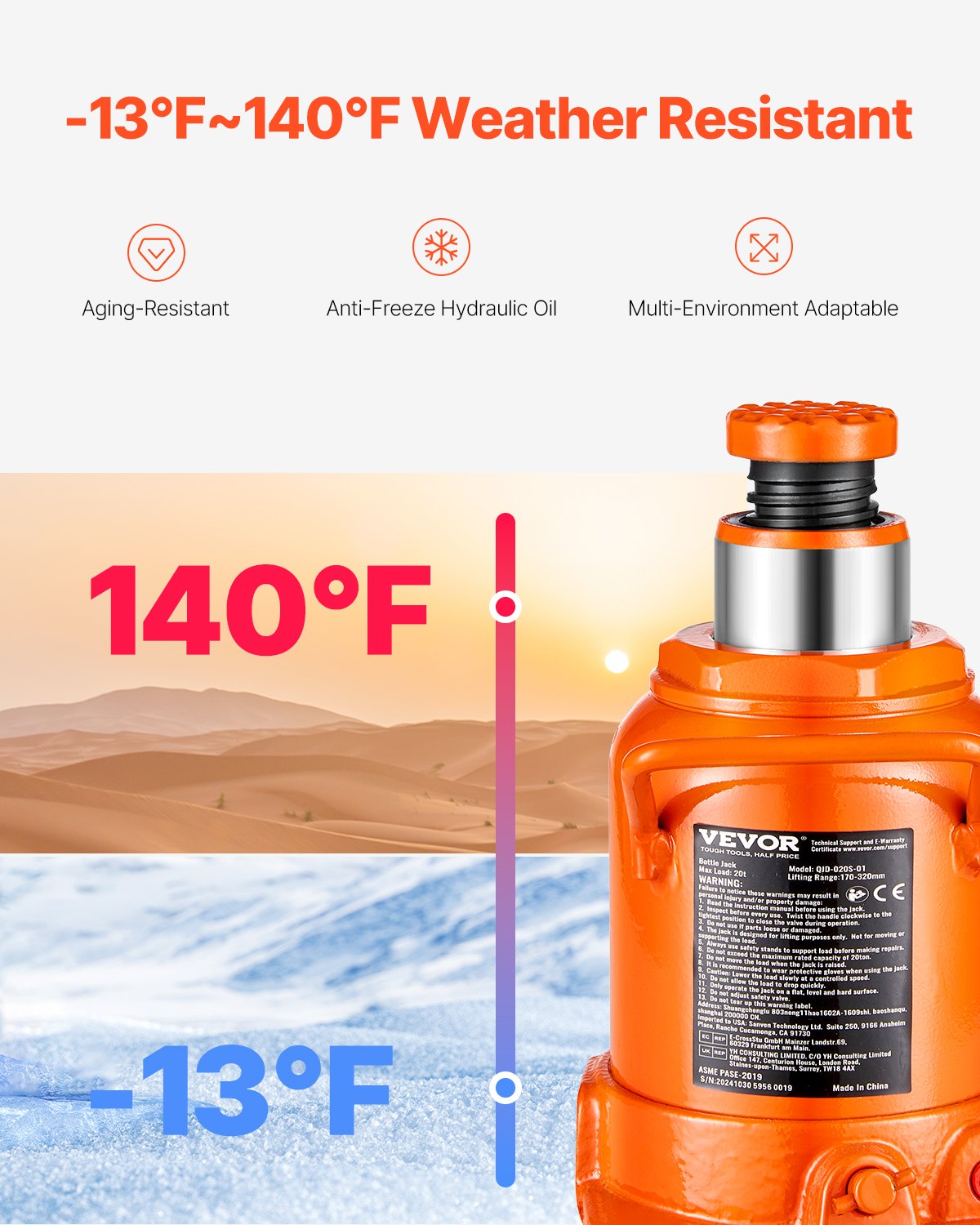 Podnośnik hydrauliczny VEVOR 20 ton z podnośnikiem butelkowym o zakresie podnoszenia 17-32 cm i 3-częściową długą rączką, do samochodów osobowych, dostawczych, kamperów, sprzętu do naprawy samochodów przemysłowych
