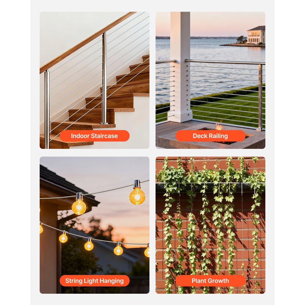 VEVOR 4.76 mm Wire Rope Kit, 61 m Length, 304 Stainless Steel Wire Cable, 7.1 kN Breaking Strength, 7 x 7 Strands Construction, Steel Cable for Deck Railing System, Garden Trellis, String Lights