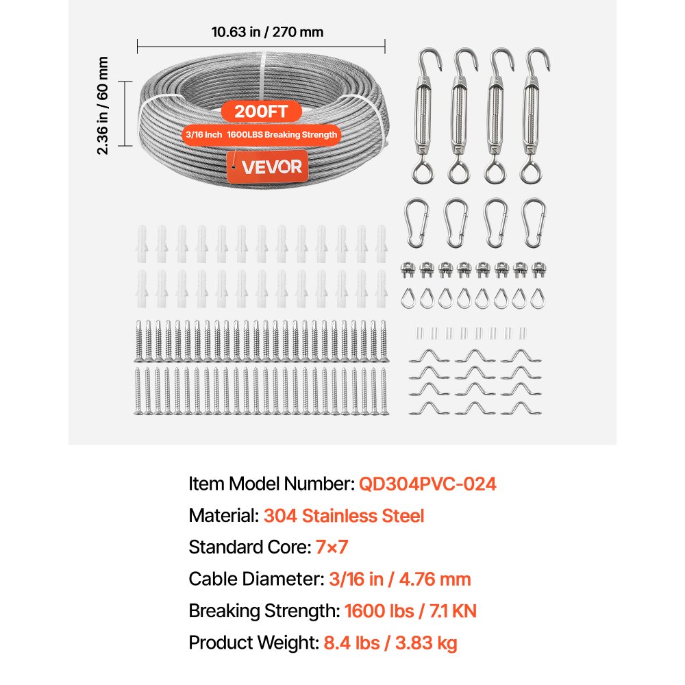 VEVOR 4.76 mm Wire Rope Kit, 61 m Length, 304 Stainless Steel Wire Cable, 7.1 kN Breaking Strength, 7 x 7 Strands Construction, Steel Cable for Deck Railing System, Garden Trellis, String Lights