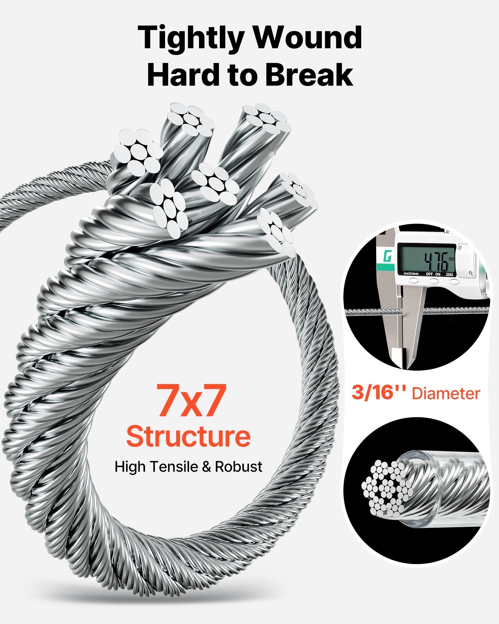 VEVOR 4.76 mm Wire Rope Kit, 61 m Length, 304 Stainless Steel Wire Cable, 7.1 kN Breaking Strength, 7 x 7 Strands Construction, Steel Cable for Deck Railing System, Garden Trellis, String Lights