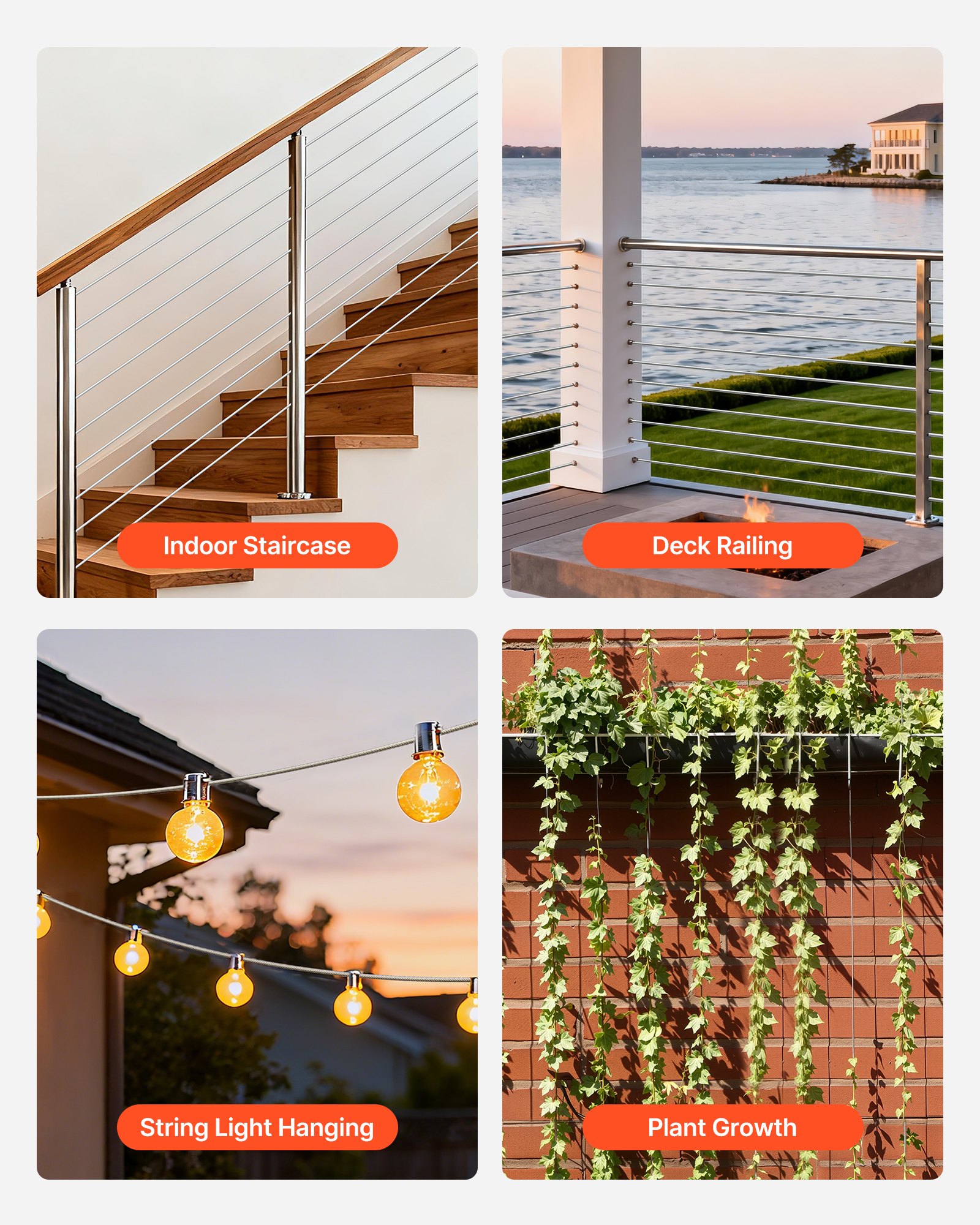 VEVOR 4.76 mm Wire Rope Kit, 61 m Length, 304 Stainless Steel Wire Cable, 7.1 kN Breaking Strength, 7 x 7 Strands Construction, Steel Cable for Deck Railing System, Garden Trellis, String Lights