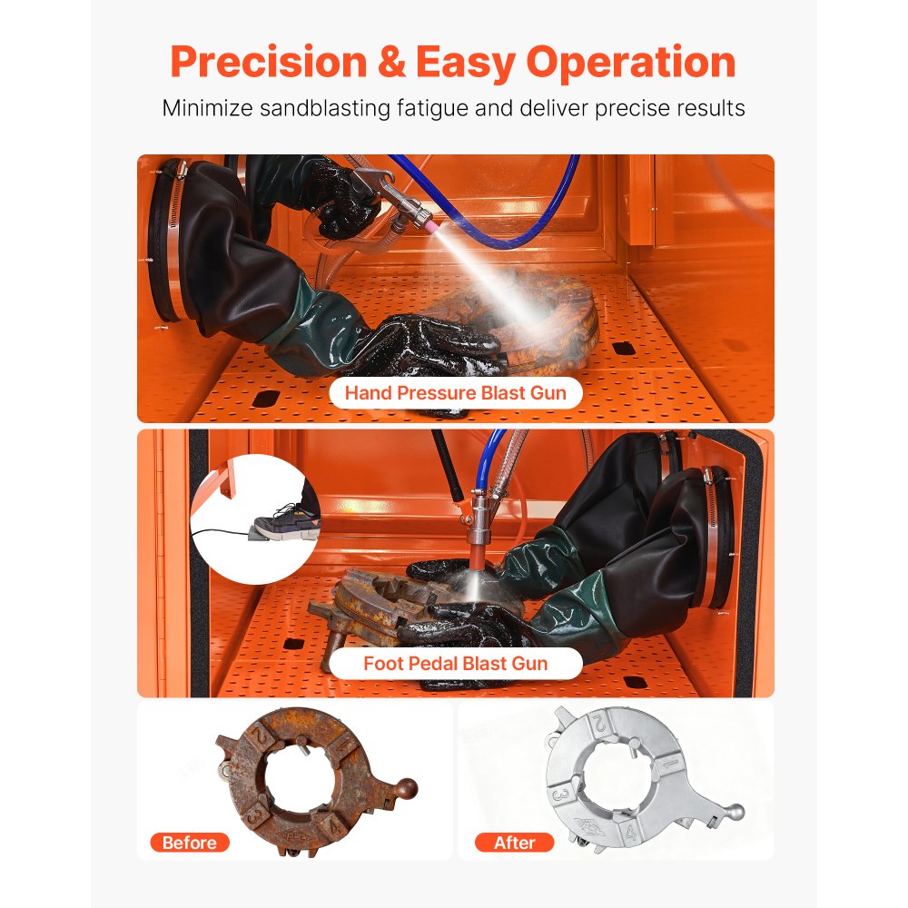 Kabina do piaskowania VEVOR 435 l, jednostka piaskarska z pojemnikiem na ścierniwo o pojemności 117 l, dwoma pistoletami do piaskowania i odciągiem pyłu o mocy 1,6 KM do obróbki powierzchniowej części o dużych gabarytach i usuwania rdzy