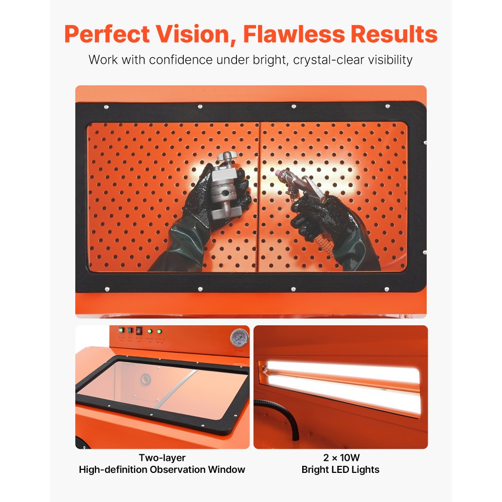 Kabina do piaskowania VEVOR 435 l, jednostka piaskarska z pojemnikiem na ścierniwo o pojemności 117 l, dwoma pistoletami do piaskowania i odciągiem pyłu o mocy 1,6 KM do obróbki powierzchniowej części o dużych gabarytach i usuwania rdzy