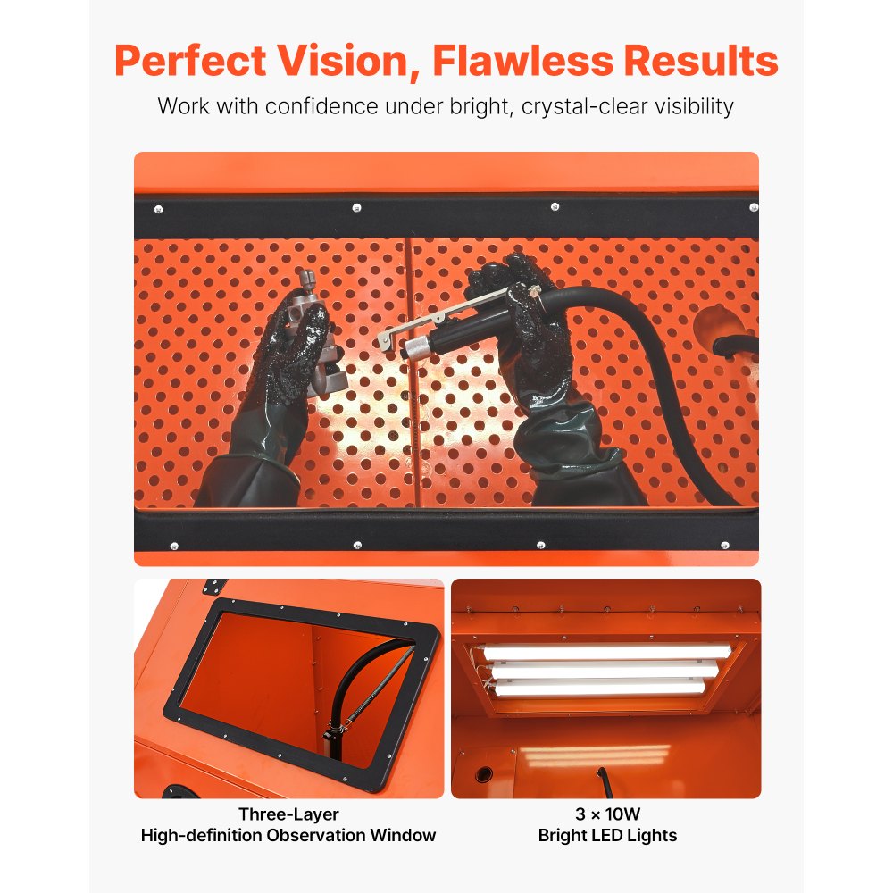 Piaskarka kabinowa VEVOR 926 L, stalowa jednostka do piaskowania na kółkach, ze zbiornikiem ścierniwa o pojemności 121 l i odciągiem pyłu o mocy 1,6 KM, system piaskowania do obróbki powierzchniowej elementów o dużych gabarytach