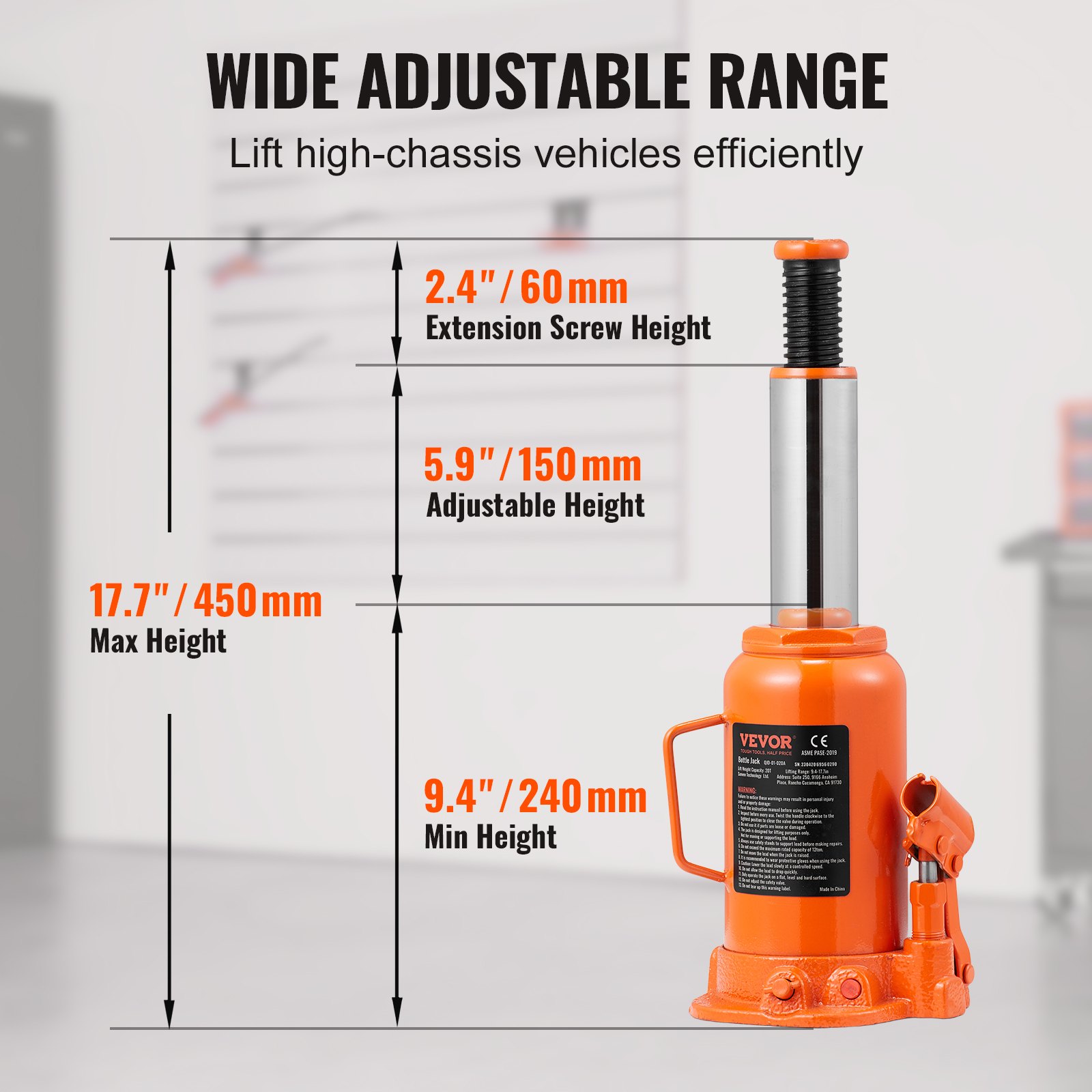 VEVOR 20t Bottle Jack, Hydraulic Jack for Cars and SUVs, 240-450mm, Compact Jack, Support Jack, Portable Hydraulic Cylinder, Orange Hydraulic Jack
