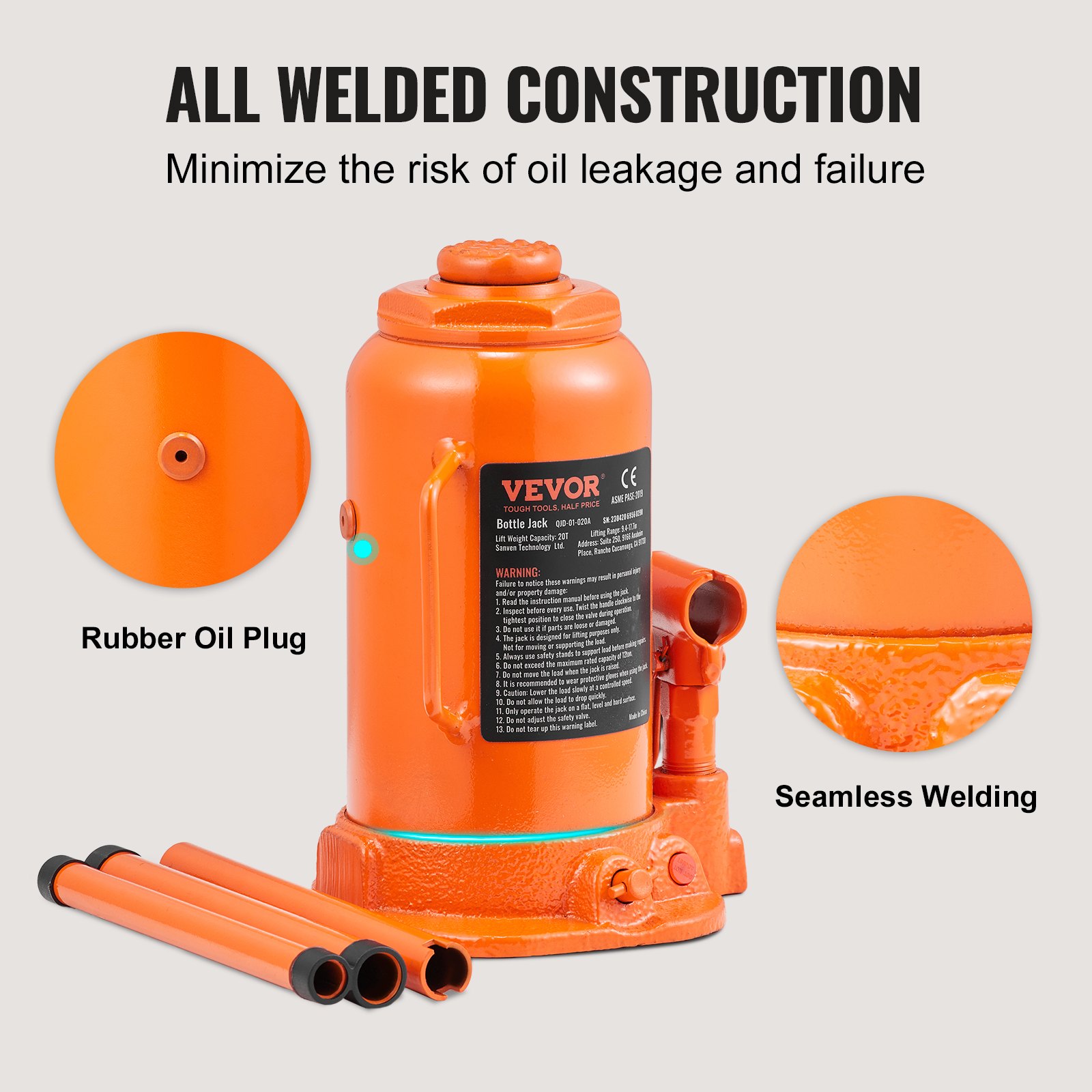 VEVOR 20t Bottle Jack, Hydraulic Jack for Cars and SUVs, 240-450mm, Compact Jack, Support Jack, Portable Hydraulic Cylinder, Orange Hydraulic Jack