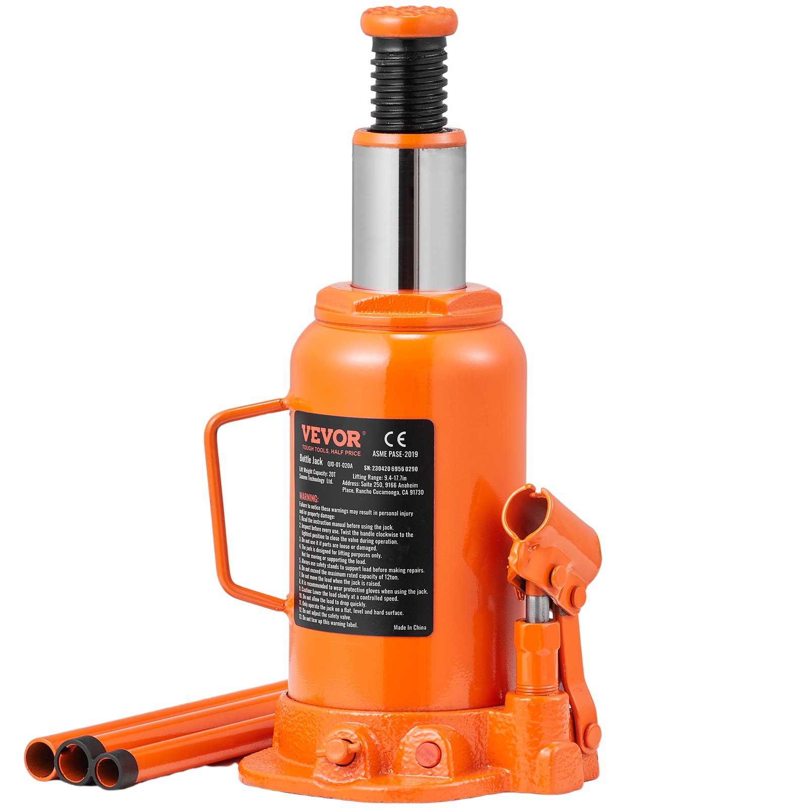 VEVOR 20t Bottle Jack, Hydraulic Jack for Cars and SUVs, 240-450mm, Compact Jack, Support Jack, Portable Hydraulic Cylinder, Orange Hydraulic Jack