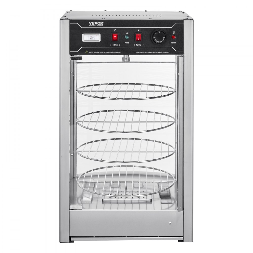 VEVOR Komercyjny podgrzewacz do pizzy 14-calowy, 4-poziomowy podgrzewacz do pizzy z obrotowym ogrzewaniem parowym, regulacja temperatury 30℃~85℃ i wyświetlacz temperatury, oświetlenie piekarnika 25 W + górna dioda LED do pizzerii i restauracji