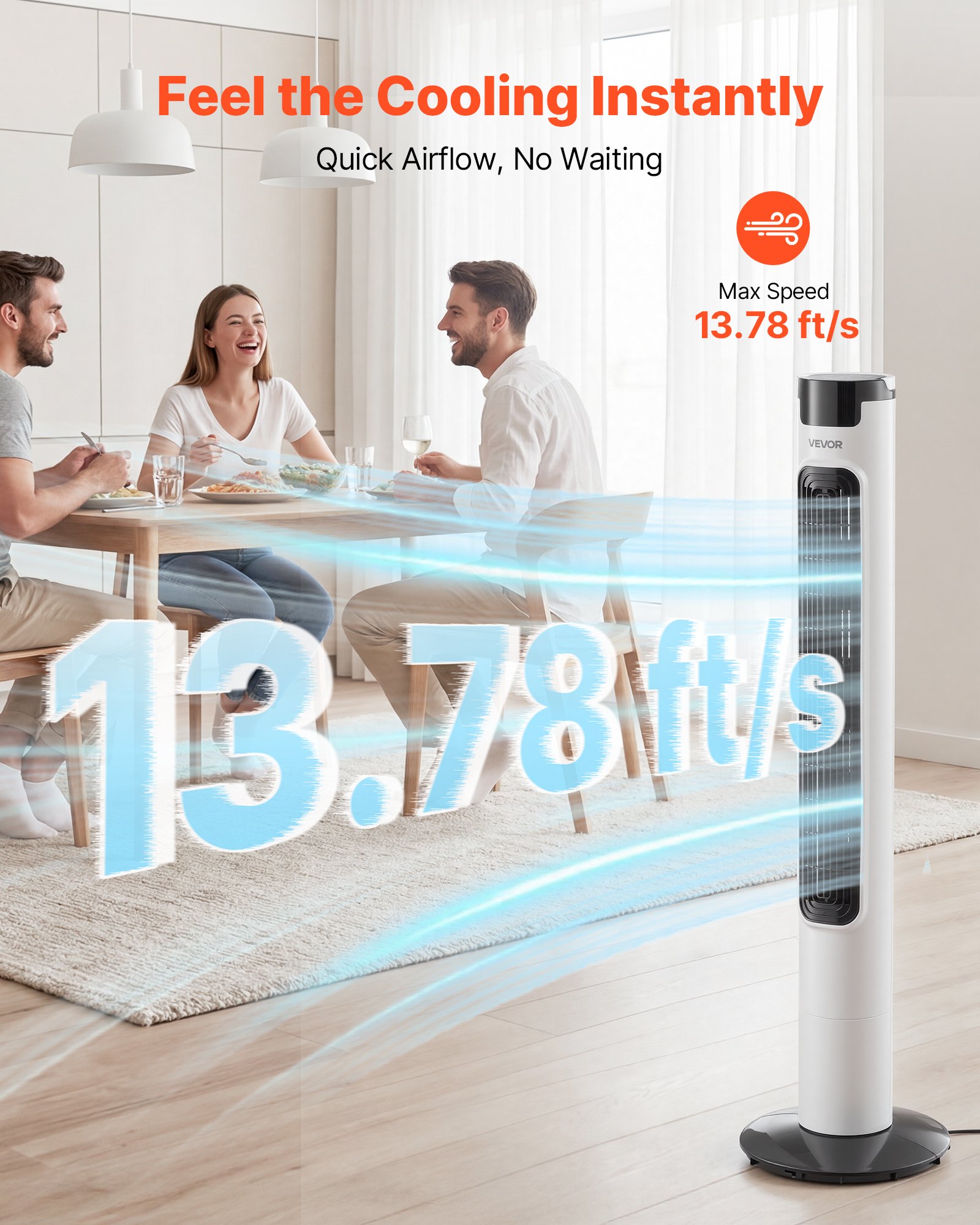 Wentylator kolumnowy VEVOR 50 W, 985 mm, 3 prędkości, 3 tryby, timer 7,5 godz., maks. 4,2 m/s, wentylator oscylacyjny 50° z pilotem, cichy wentylator kolumnowy do sypialni, biały