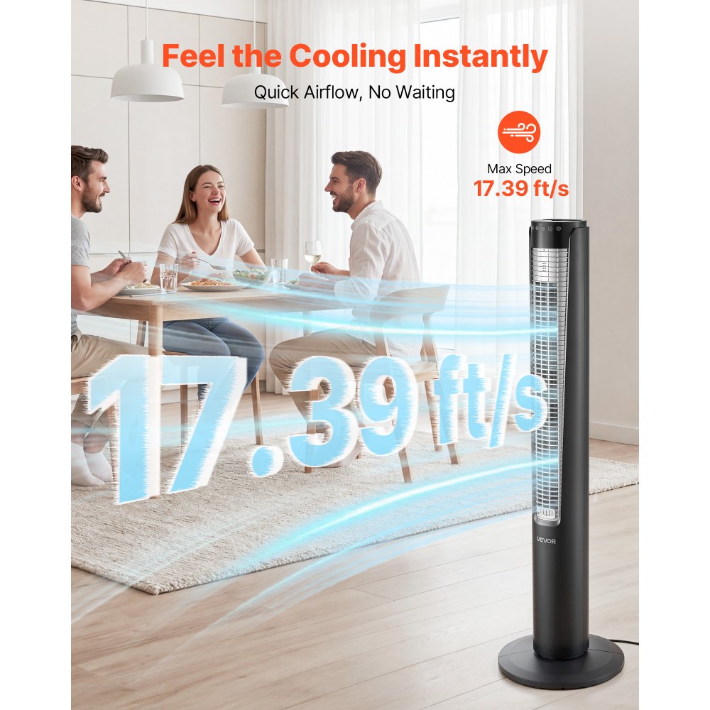 Wentylator kolumnowy VEVOR 60 W, 107 cm, 3 prędkości, 4 tryby, 12-godzinny timer, wentylator oscylacyjny 70° z pilotem, cichy wentylator stojący do sypialni i biura, czarny