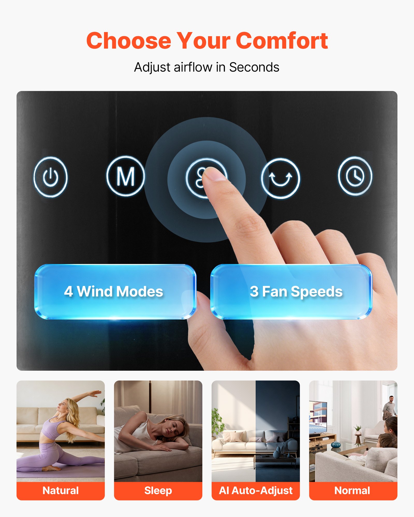 Wentylator kolumnowy VEVOR 60 W, 107 cm, 3 prędkości, 4 tryby, 12-godzinny timer, wentylator oscylacyjny 70° z pilotem, cichy wentylator stojący do sypialni i biura, czarny