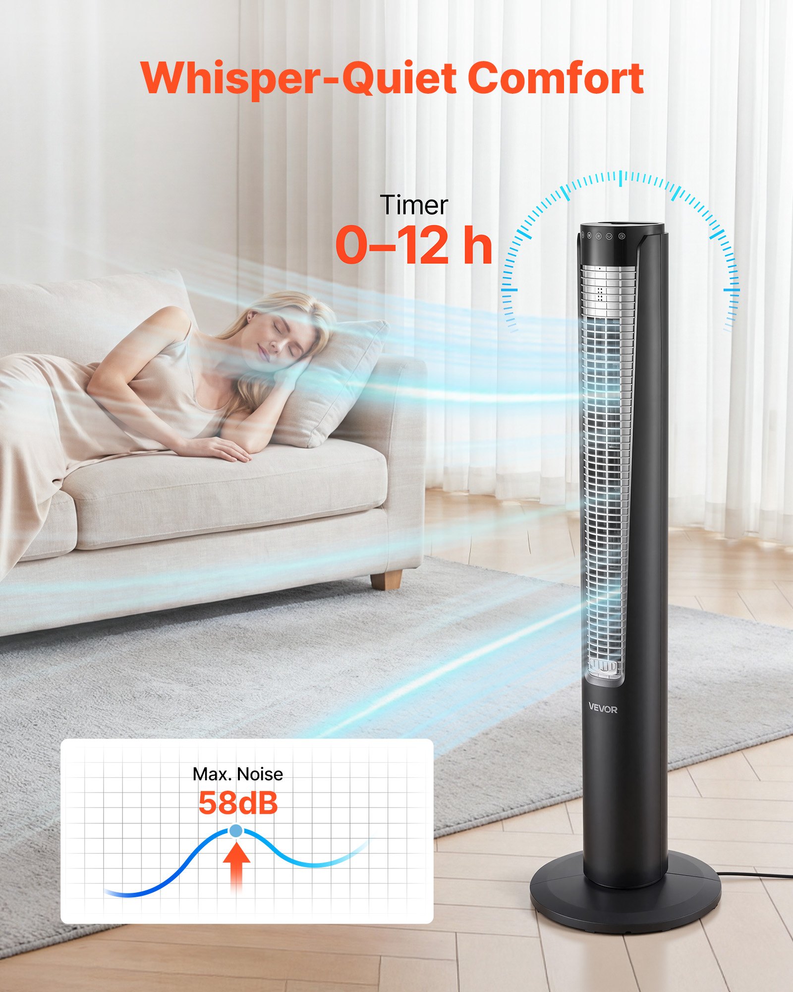 Wentylator kolumnowy VEVOR 60 W, 107 cm, 3 prędkości, 4 tryby, 12-godzinny timer, wentylator oscylacyjny 70° z pilotem, cichy wentylator stojący do sypialni i biura, czarny