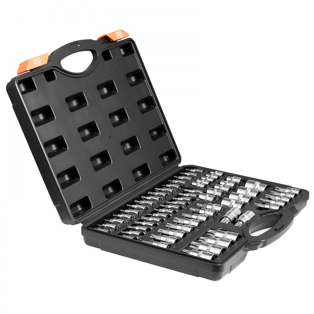 Zestaw nasadek wiertarskich Torx VEVOR, 60 elementów, zestaw nasadek zewnętrznych Torx T6-T70, TT6-TT70, TP8-TP60, E4-E24, stal stopowa S2 i stal chromowo-wanadowa, z napędami 1/4 cala, 3/8 cala i 1/2 cala oraz etui do przechowywania