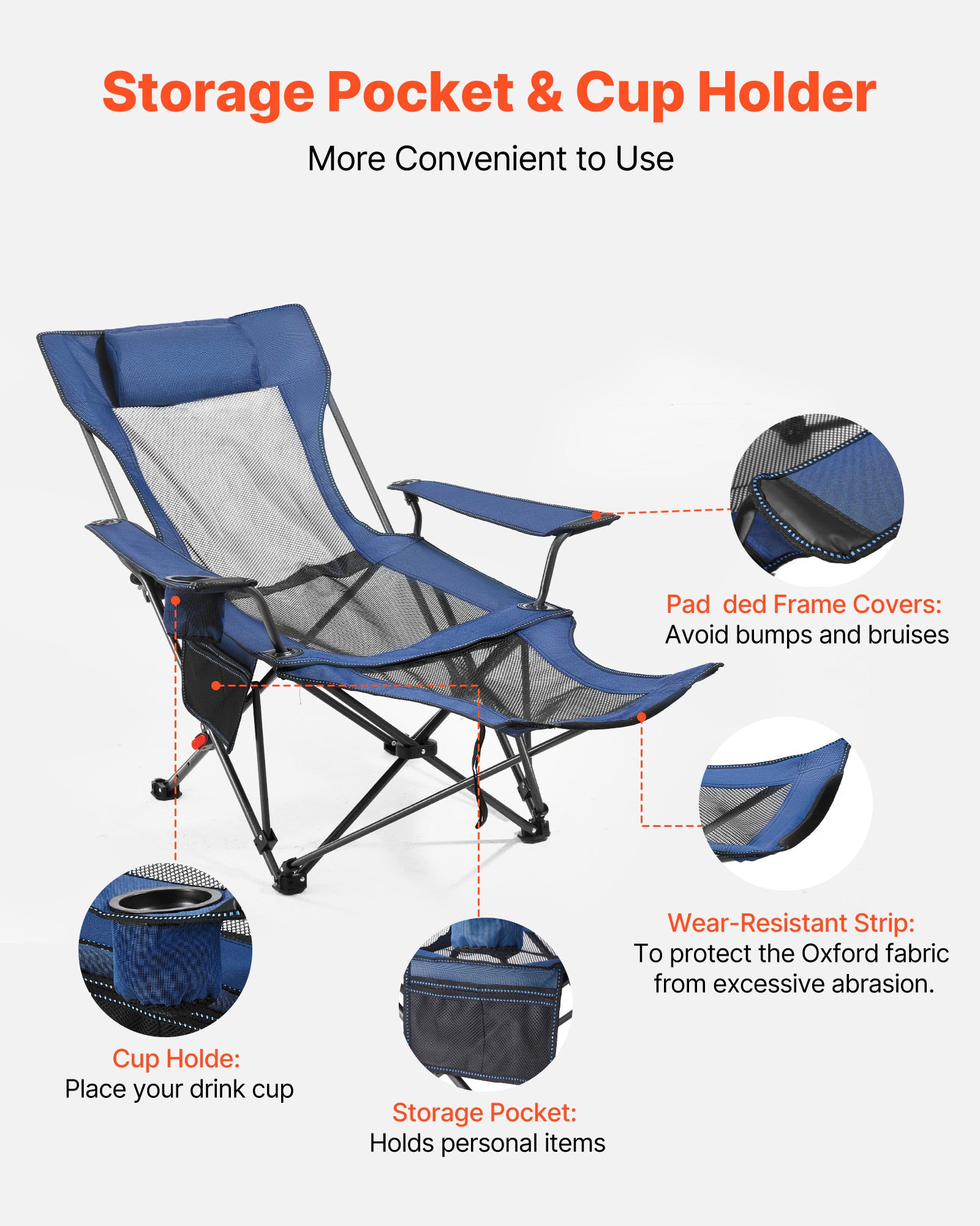 VEVOR Reclining Camping Chair, 4 Adjustable Positions, Portable Folding Lounger for Adults, Mesh Beach Chair with Footrest & Plush Cushion, Supports 220 lbs, Heavy Duty Camp Chairs for Patio, Blue