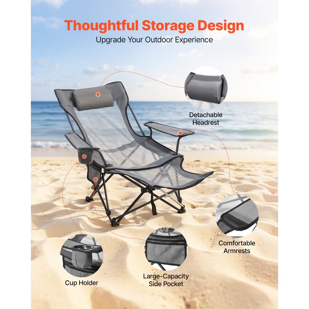 VEVOR Reclining Camping Chair, 4 Adjustable Positions, Portable Folding Lounger for Adults, Mesh Beach Chair with Headrest & Foot Rest, Supports 220 lbs, Heavy Duty Camp Chairs for Patio, Gray
