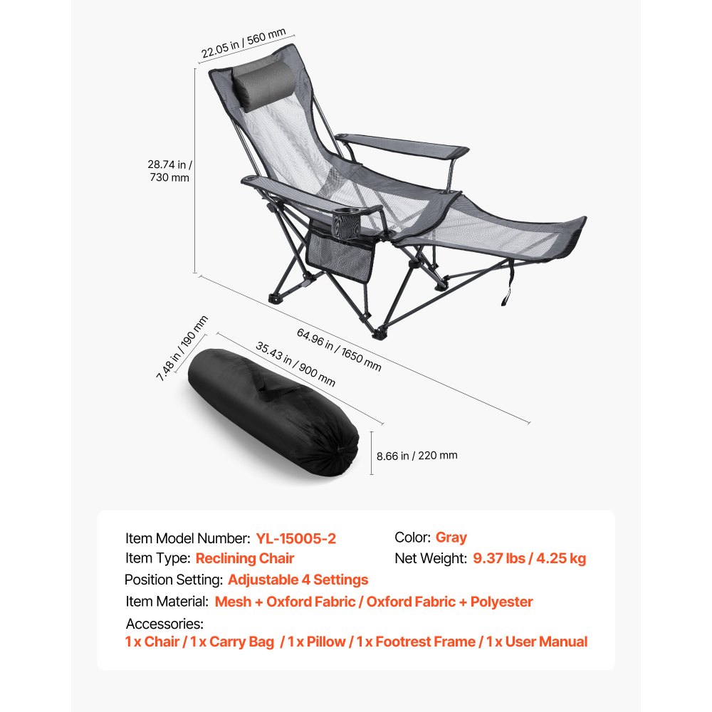 VEVOR Reclining Camping Chair, 4 Adjustable Positions, Portable Folding Lounger for Adults, Mesh Beach Chair with Headrest & Foot Rest, Supports 220 lbs, Heavy Duty Camp Chairs for Patio, Gray