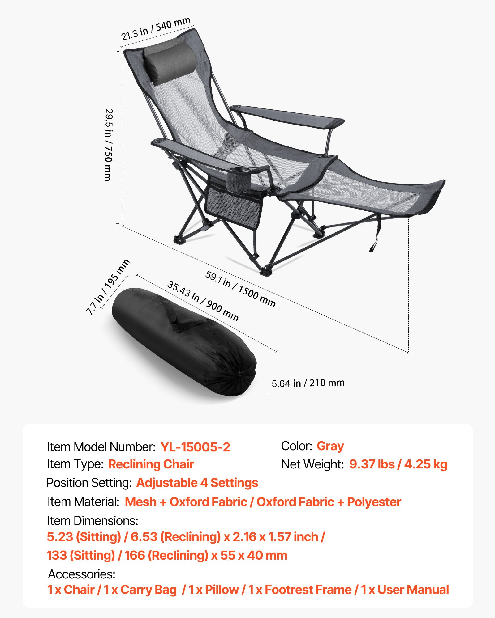 VEVOR Reclining Camping Chair, 4 Adjustable Positions, Portable Folding Lounger for Adults, Mesh Beach Chair with Headrest & Foot Rest, Supports 220 lbs, Heavy Duty Camp Chairs for Patio, Gray