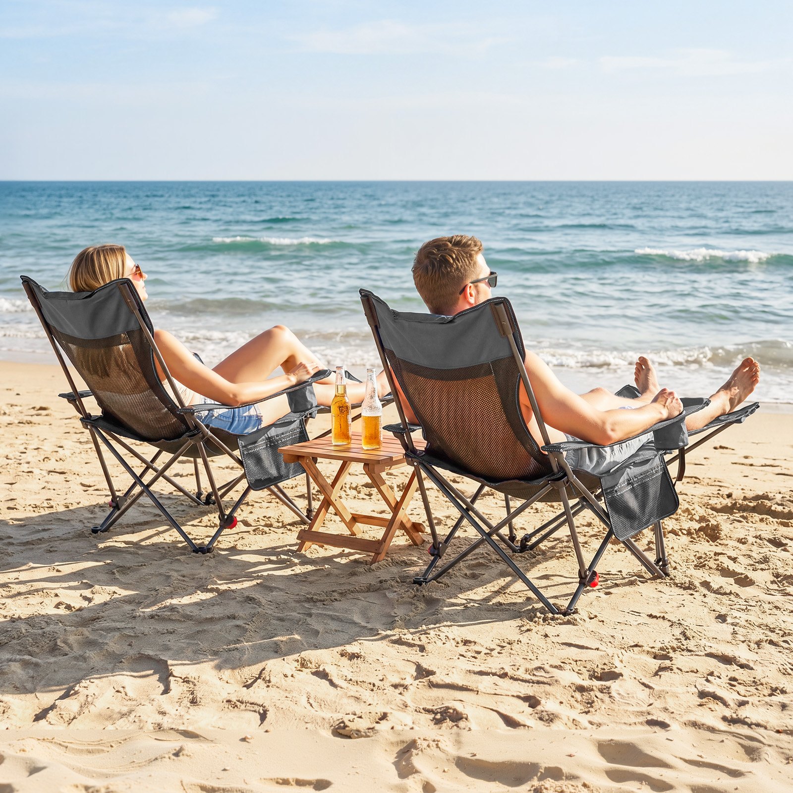 VEVOR Składane krzesło kempingowe, fotel z 4 regulowanymi pozycjami, krzesło relaksacyjne z uchwytem na kubek, siatkowe krzesło plażowe z zagłówkiem i podnóżkiem, udźwig 100 kg, do biwakowania na świeżym powietrzu, kolor szary