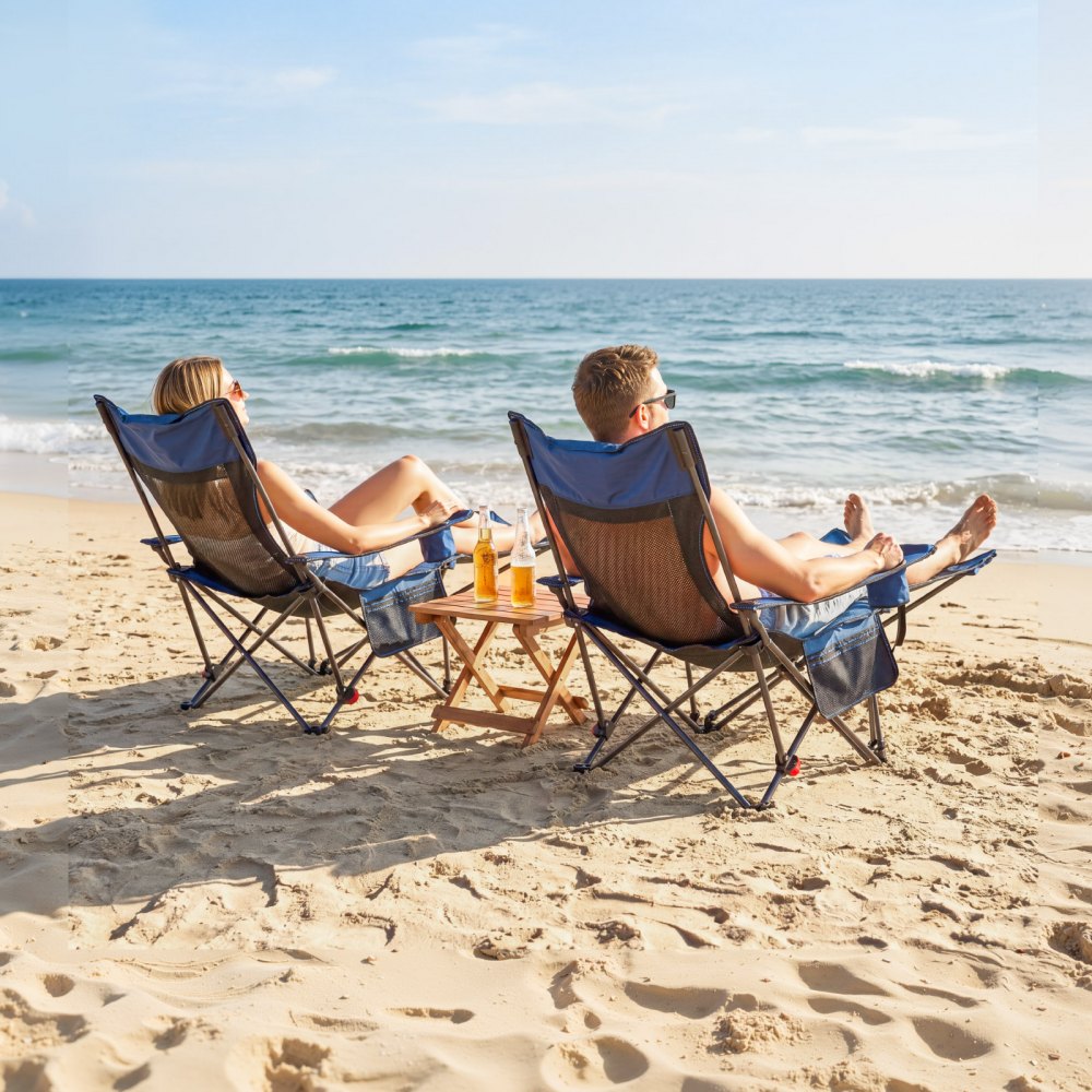 VEVOR składane krzesło kempingowe, krzesło z 4 regulowanymi pozycjami, leżak wypoczynkowy z uchwytem na kubek, siatkowe krzesło plażowe z zagłówkiem i podnóżkiem, udźwig 100 kg, do biwakowania na świeżym powietrzu, niebieskie