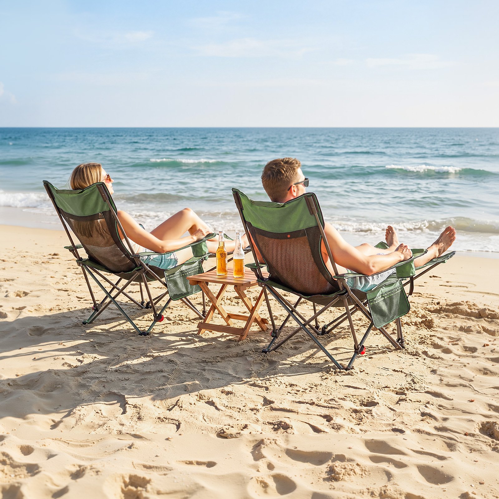 VEVOR składane krzesło kempingowe, krzesło z 4 regulowanymi pozycjami, krzesło relaksacyjne z uchwytem na kubek, siatkowe krzesło plażowe z zagłówkiem i podnóżkiem, udźwig 100 kg, do biwakowania na świeżym powietrzu, kolor zielony