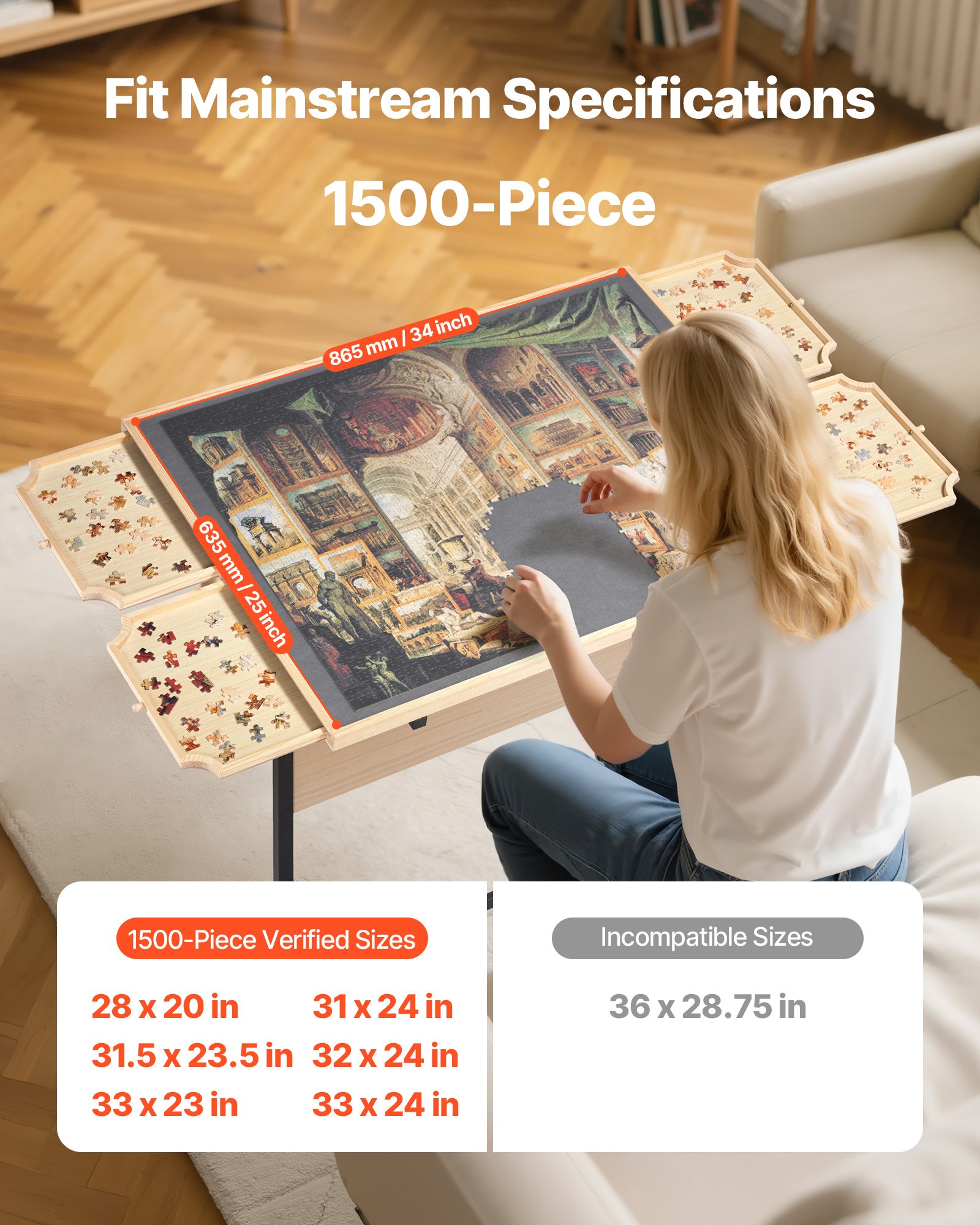 VEVOR 1500-elementowa tablica do układania puzzli z 4 szufladami i pokrywą, przenośny stolik do układania puzzli (865 x 635 mm), akcesoria do układania puzzli dla dorosłych, system przechowywania puzzli