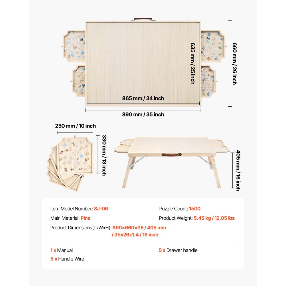 VEVOR 1500-elementowa tablica do układania puzzli z 4 szufladami, pokrywą i składanymi nogami, przenośny stolik do układania puzzli (865 x 635 mm), akcesoria do układania puzzli dla dorosłych, system przechowywania puzzli