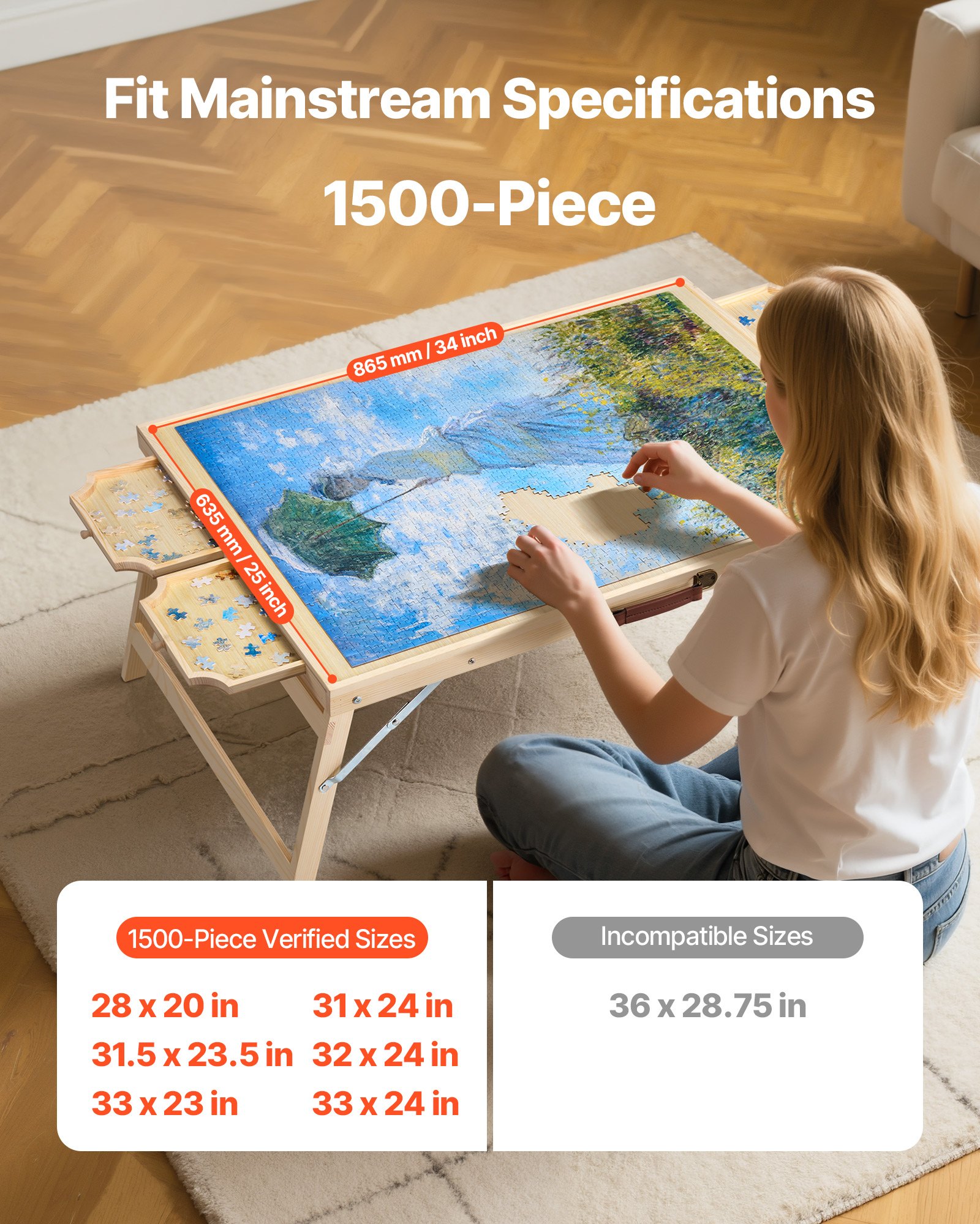 VEVOR 1500-elementowa tablica do układania puzzli z 4 szufladami, pokrywą i składanymi nogami, przenośny stolik do układania puzzli (865 x 635 mm), akcesoria do układania puzzli dla dorosłych, system przechowywania puzzli