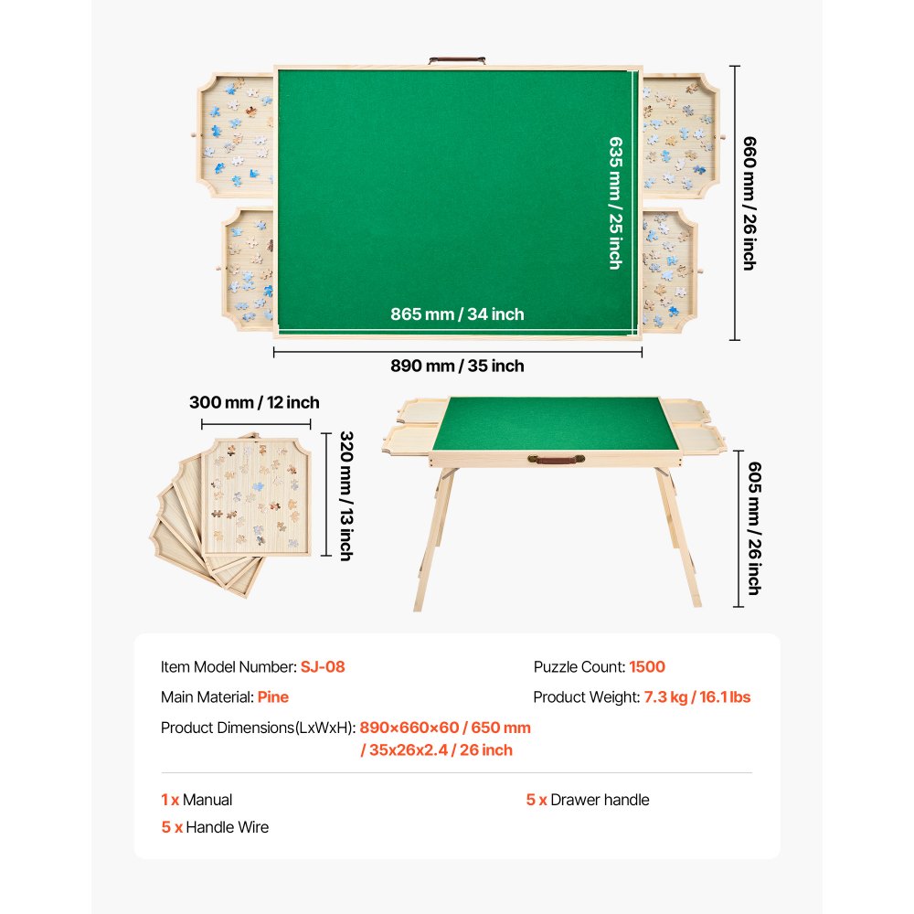 VEVOR Stolik do układania puzzli, 1500 elementów, z 5 szufladami i pokrywą, składanymi nogami i regulowanym kątem nachylenia, stolik do układania puzzli (865 x 635 mm) dla dorosłych, system przechowywania puzzli