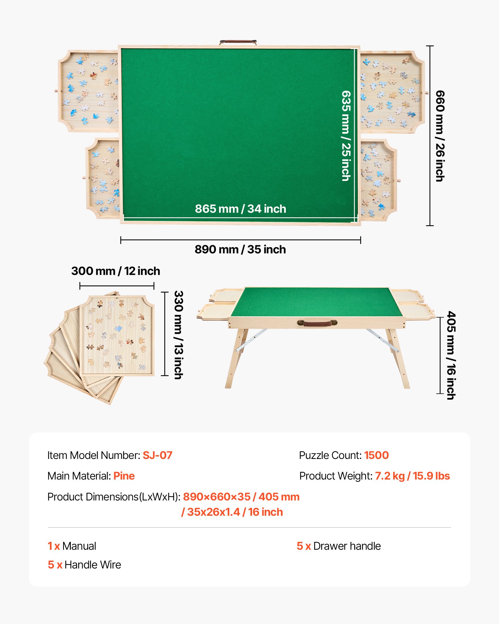 VEVOR 1500-elementowa tablica do układania puzzli z 4 szufladami, pokrywą i składanymi nogami, przenośny stolik do układania puzzli (865 x 635 mm), akcesoria do układania puzzli dla dorosłych, system przechowywania puzzli