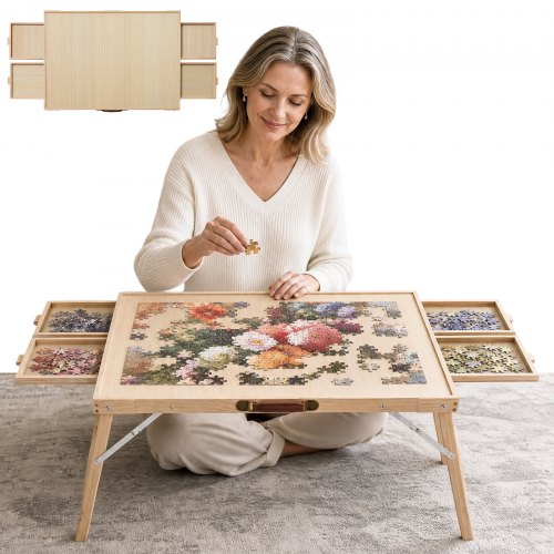 Stolik do układania puzzli VEVOR, 1500 elementów, ze składanymi nogami, 4 szufladami, 868 x 628 mm, przeznaczony dla dorosłych układających puzzle, z idealnie dopasowaną płytą wierzchnią (PCW) chroniącą przed brudem i podwyższoną krawędzią zapobiegającą ślizganiu się.