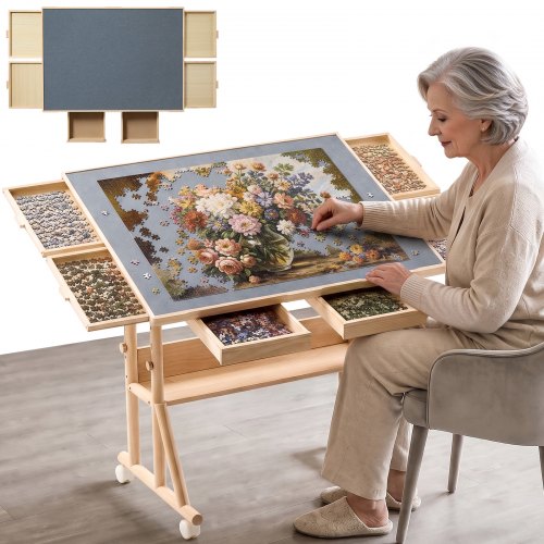 Stół do układania puzzli VEVOR, 1500 elementów, z 4 szufladami do sortowania, 918 x 660 x 740 mm, dla dorosłych układających puzzle, z podpórką pochyloną, antypoślizgową powłoką filcową, płytą ochronną z tworzywa PVC i kółkami obrotowymi, z regulacją wysokości